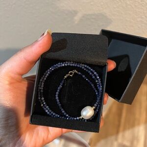 Blue Sapphire Beaded Necklace with Pearl (14k gold)